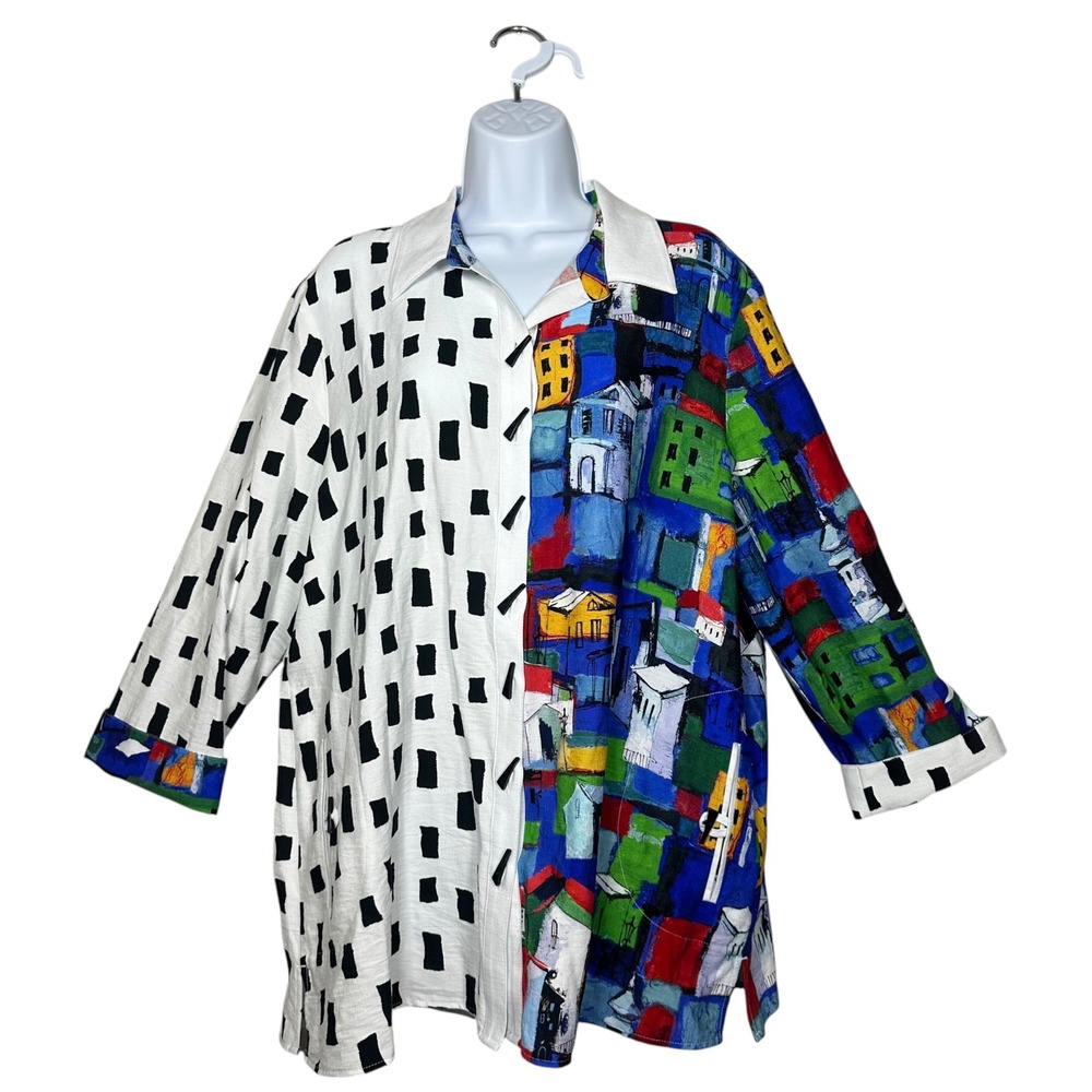 Ali Miles XL Art To Wear Mixed Print Cityscape Button Shirt Colorful Tunic Top
